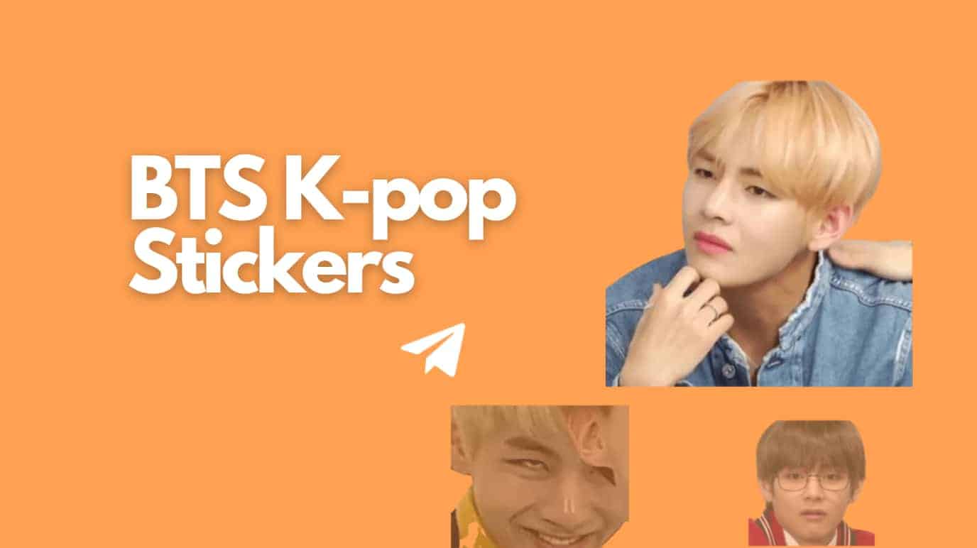 BTS Telegram stickers tag and right hand side three pics of korean singers k-pop